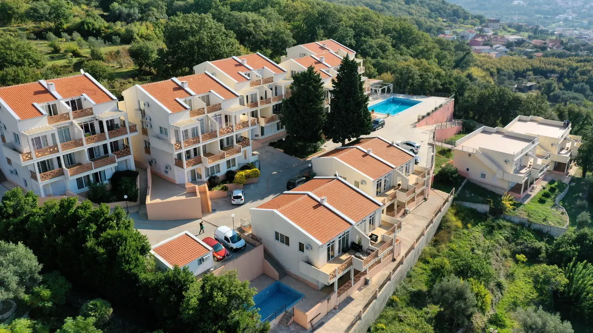 Aerial view of the Berg Apartments complex